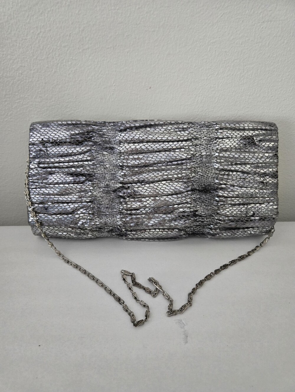 Jessica McClintock Shimmery Silver Crushed Fold Over Evening Clutch Bag